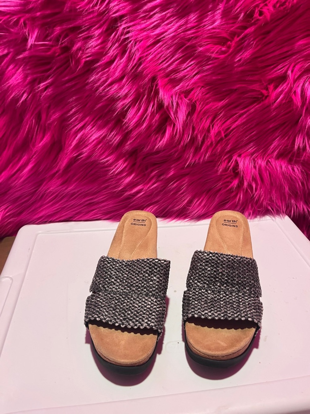 Origins Black Woven Slide Mules with Tan Footbed